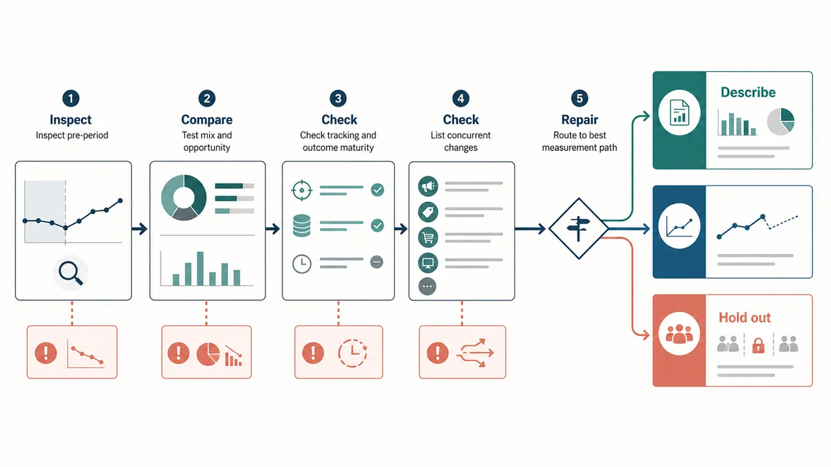 Diagnostic workflow inspects pre-period trend, compares mix, checks tracking, lists concurrent changes, and routes to description, repair, or holdout.