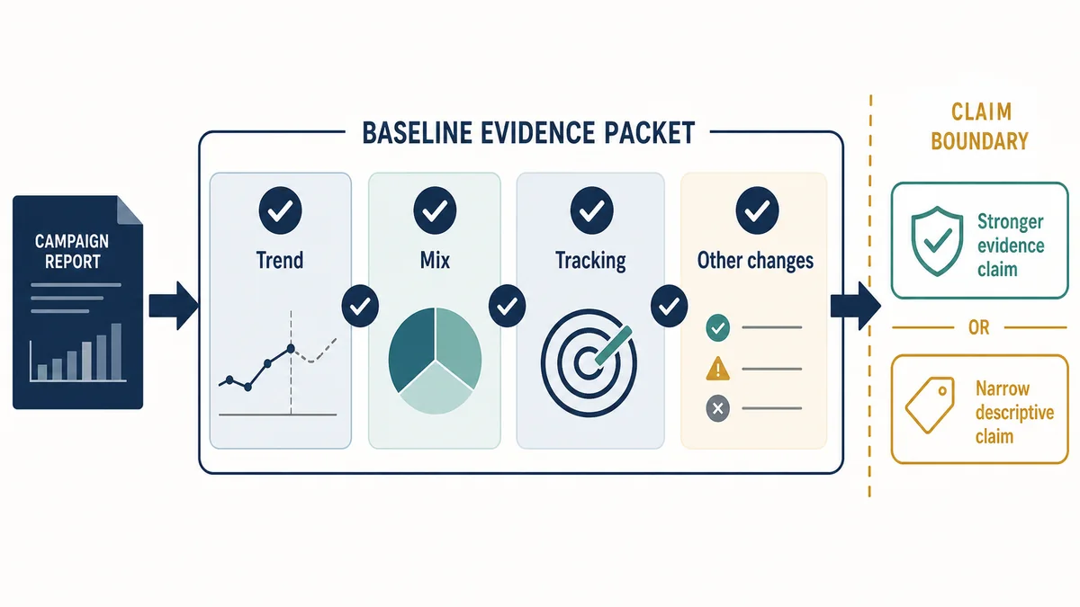 Campaign report passing through trend, mix, tracking, and other-change checks before reaching a stronger or narrower claim boundary.