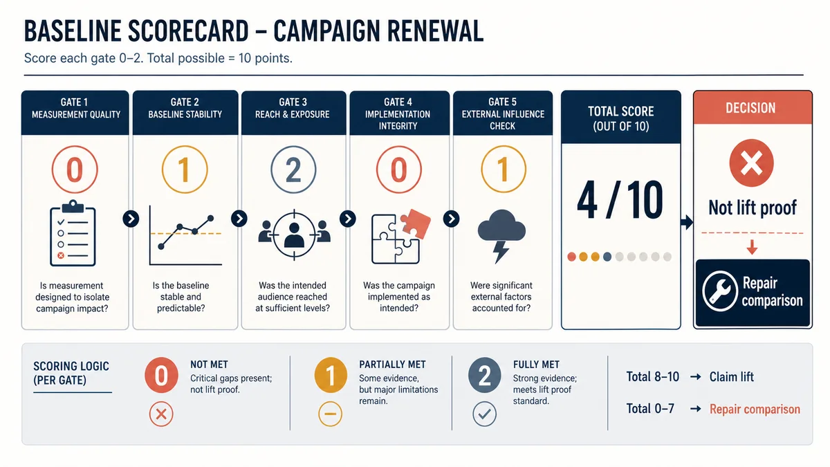 Campaign renewal baseline scorecard totals 4 out of 10 and routes the decision to repair the comparison instead of claiming lift.