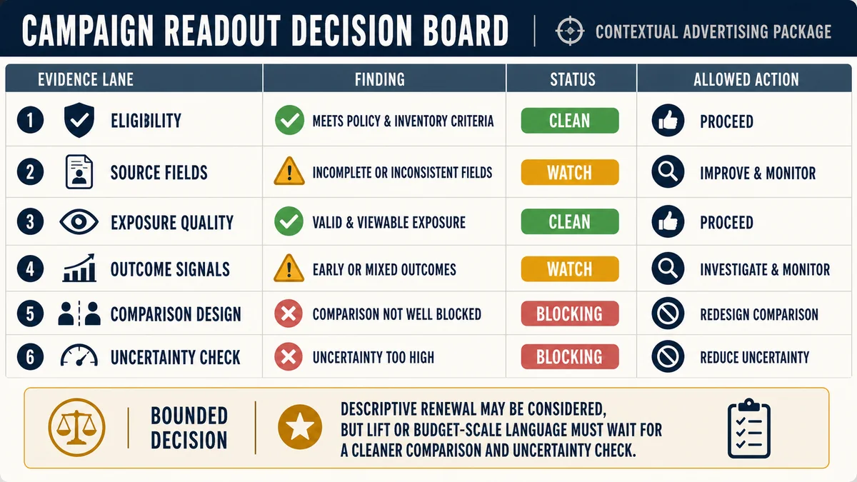 Worked campaign readout decision board showing clean eligibility and exposure, watch-level source and outcome evidence, and blocking comparison and uncertainty checks.