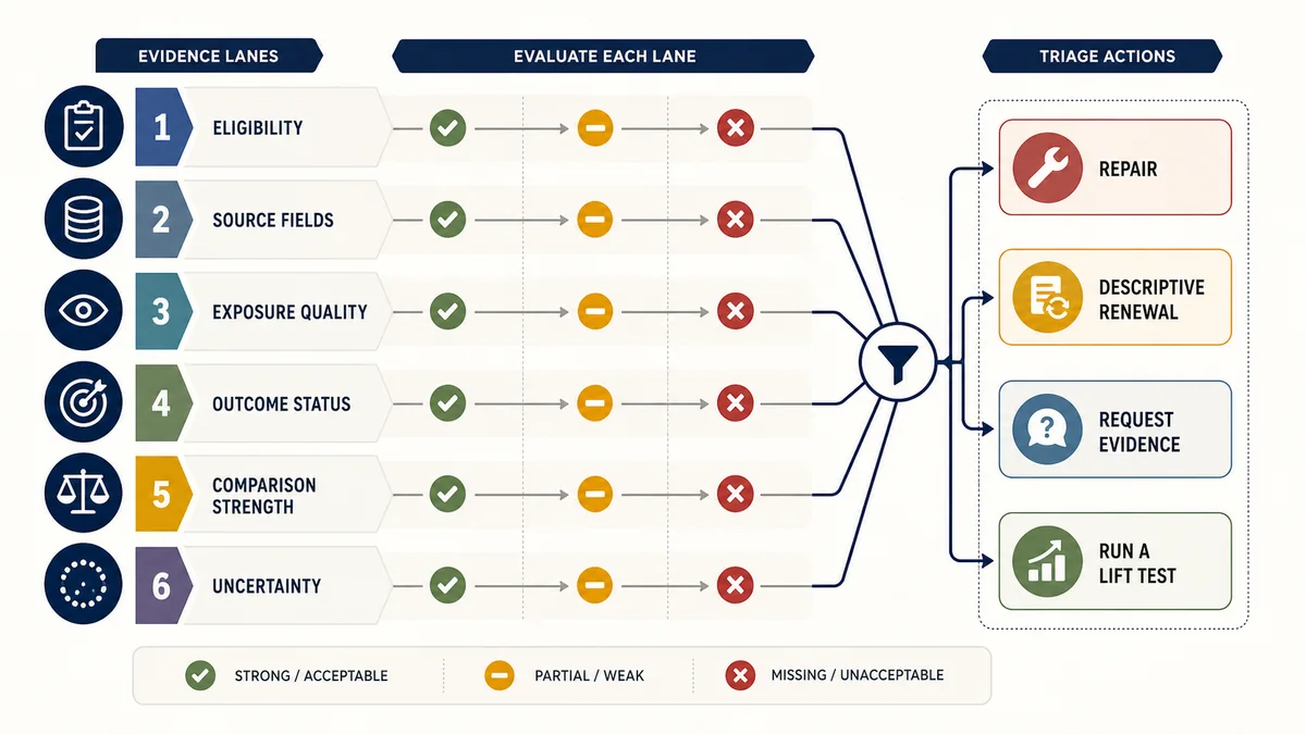 Six campaign evidence lanes flow through strong, partial, or missing checks toward repair, descriptive renewal, evidence request, or lift-test actions.