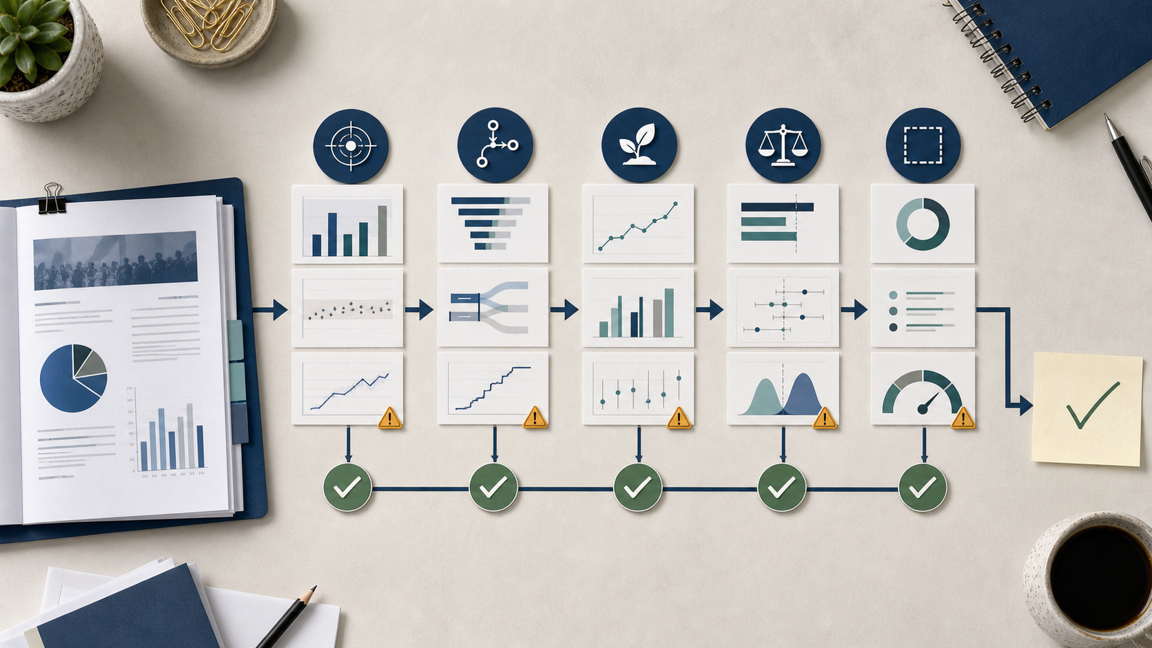Top-down editorial workflow showing a campaign report moving through five evidence lanes before a bounded decision note.