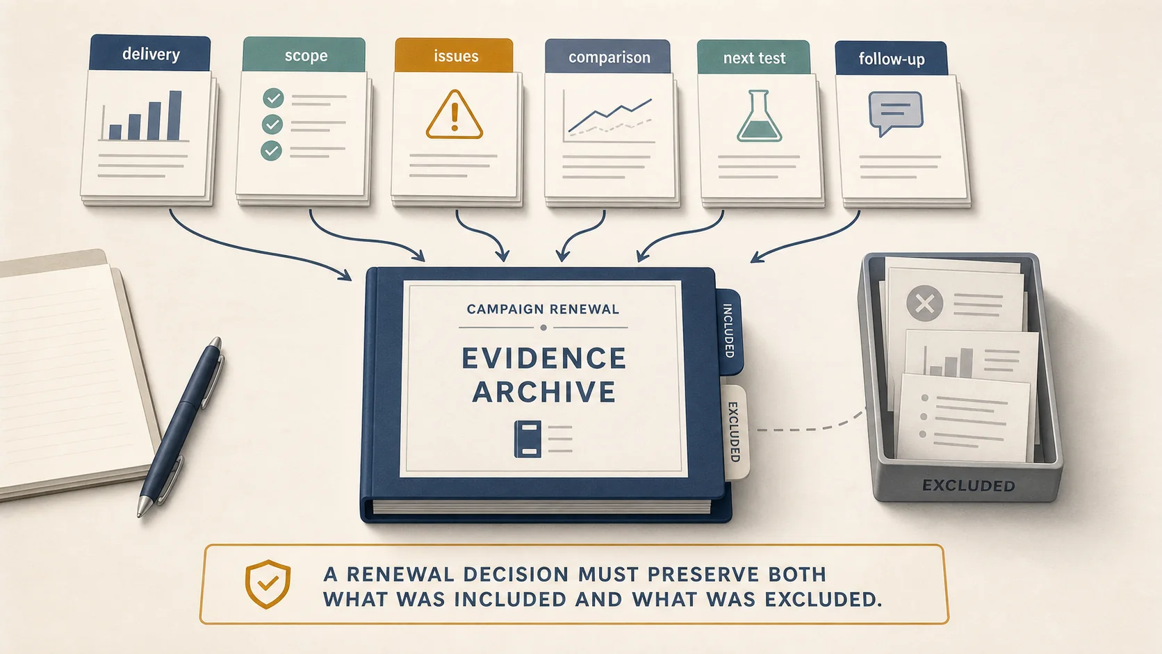 Campaign renewal evidence inputs separated into verified scope, excluded rows, issue records, comparison rules, next tests, and follow-up dates before entering one archive record.