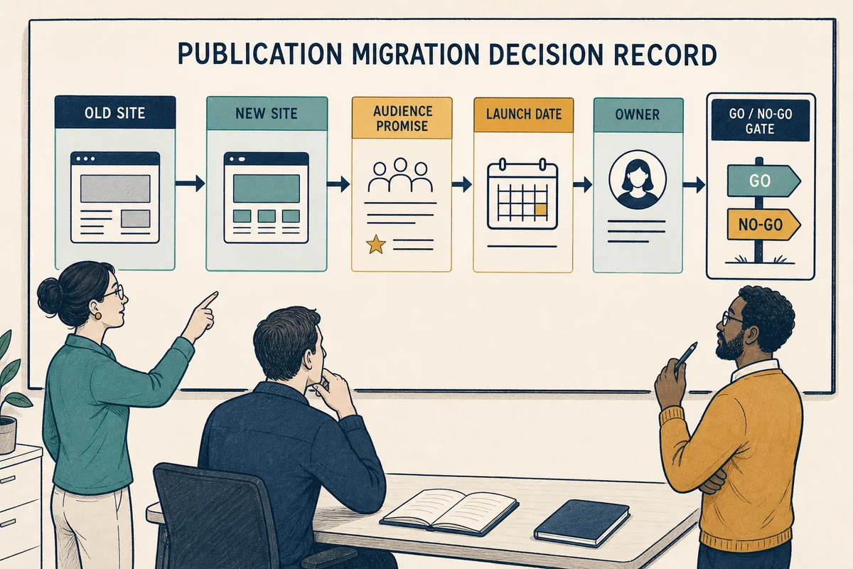 Four-lane publication migration continuity map covering reader, search, measurement, and advertising handoffs