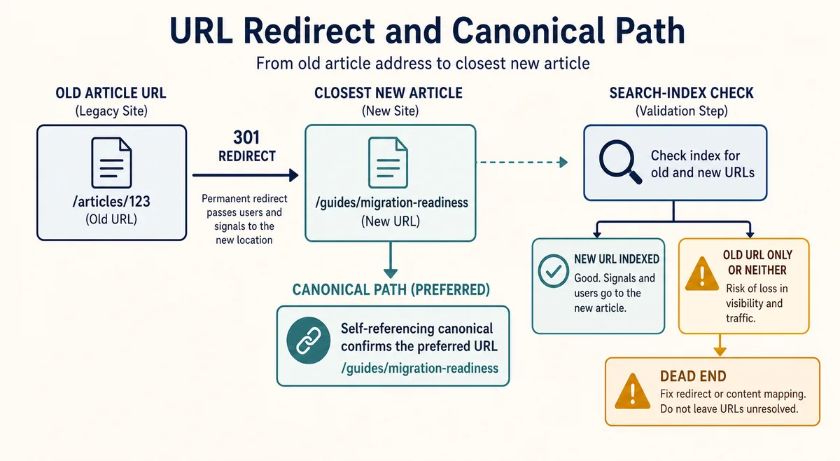 Launch readiness scorecard using green yellow and red bands for redirects canonical tags analytics ads feeds and reader experience