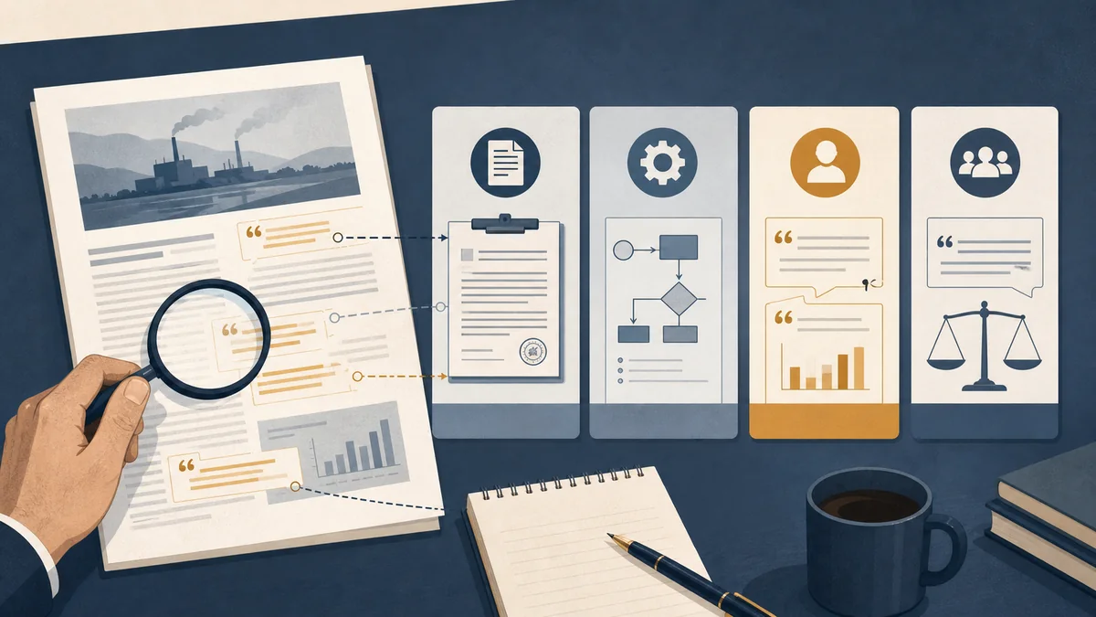 Editorial review desk comparing a reported claim with primary records, method evidence, expert interpretation, and an interested-party response.