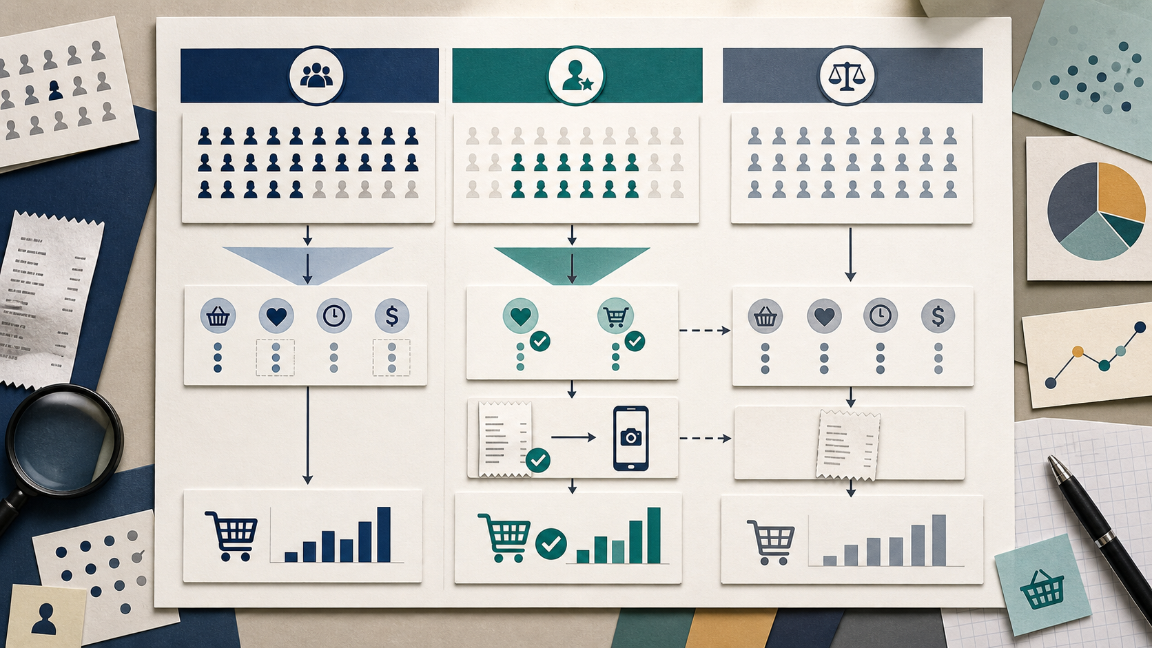 Editorial receipt rewards review board showing eligible shoppers, reward activators, receipt submitters, and a balanced comparison lane.