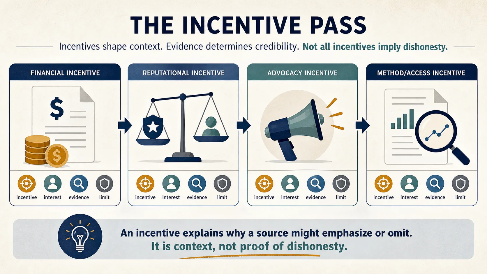 Four-panel incentive pass showing financial, reputational, advocacy, and method or access incentives alongside interest, evidence, and limits.