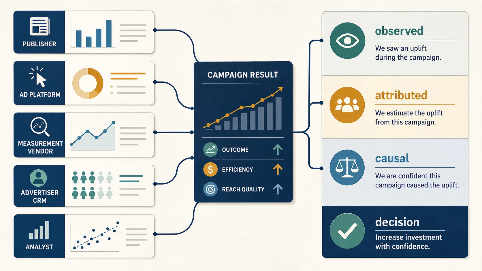 Worked advertising measurement readout with publisher, ad platform, measurement vendor, advertiser CRM, and analyst evidence feeding observed, attributed, causal, and decision language.