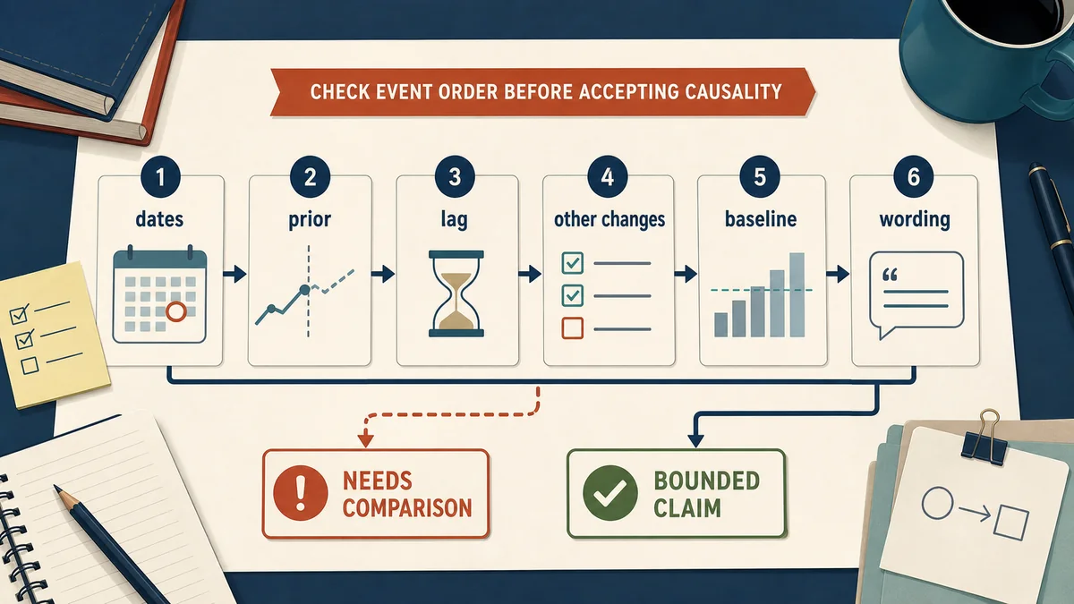 Six-step workflow checking dates, prior signals, lag, other changes, baseline, and wording before choosing a bounded claim