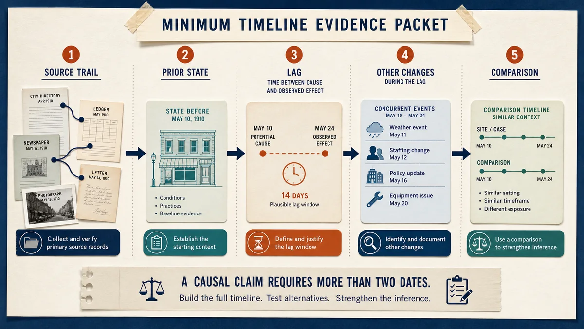 Evidence packet flow from source trail through prior state, lag, other changes, and comparison timeline
